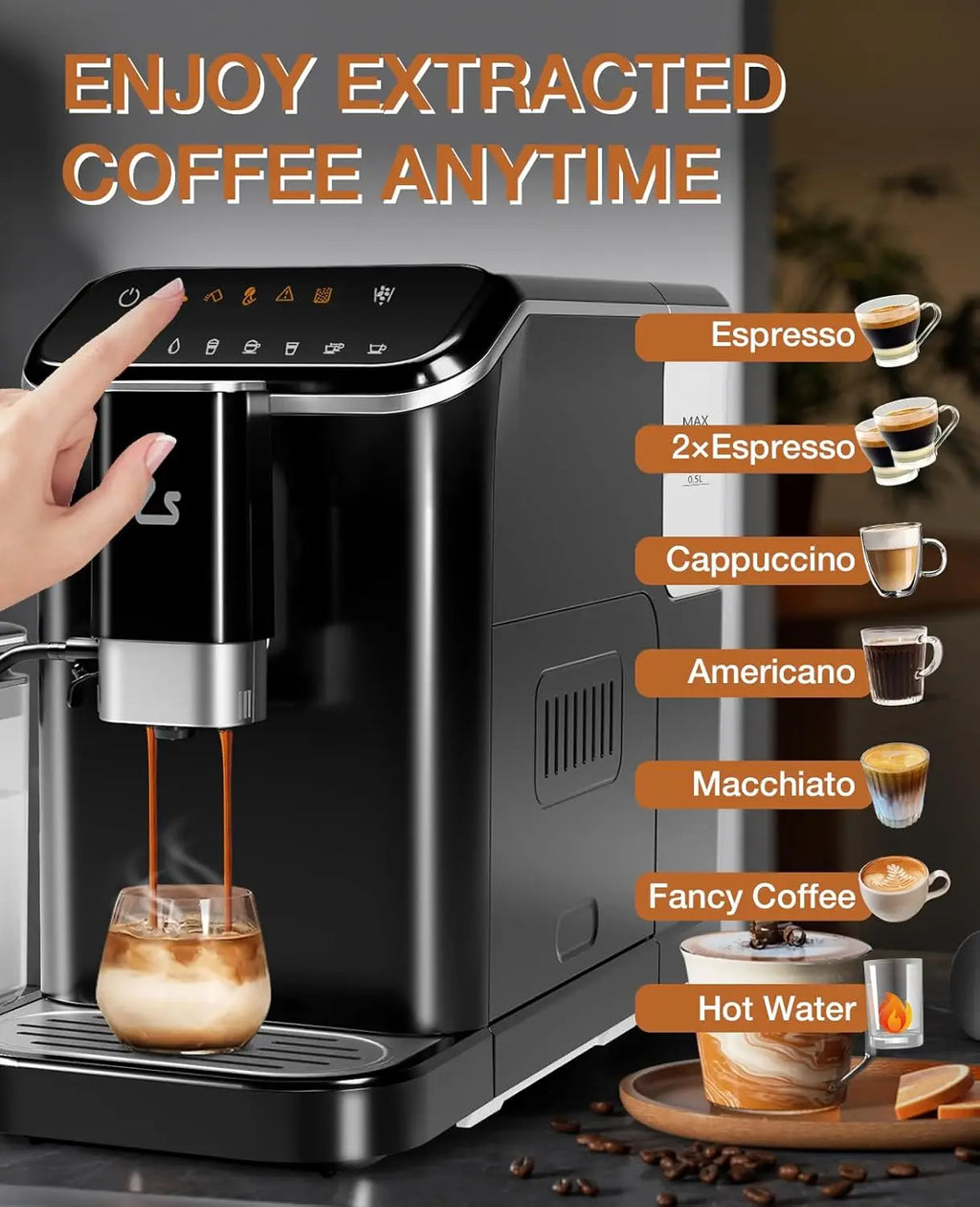 Fully Automatic Espresso Machine, Touchscreen Coffee Maker w/Built-in Grinder, Auto Milk Frother for Latte Cappuccino, 1.5L Water Tank & Dual Boiler Heating, Black/Silver 120V 1350W
