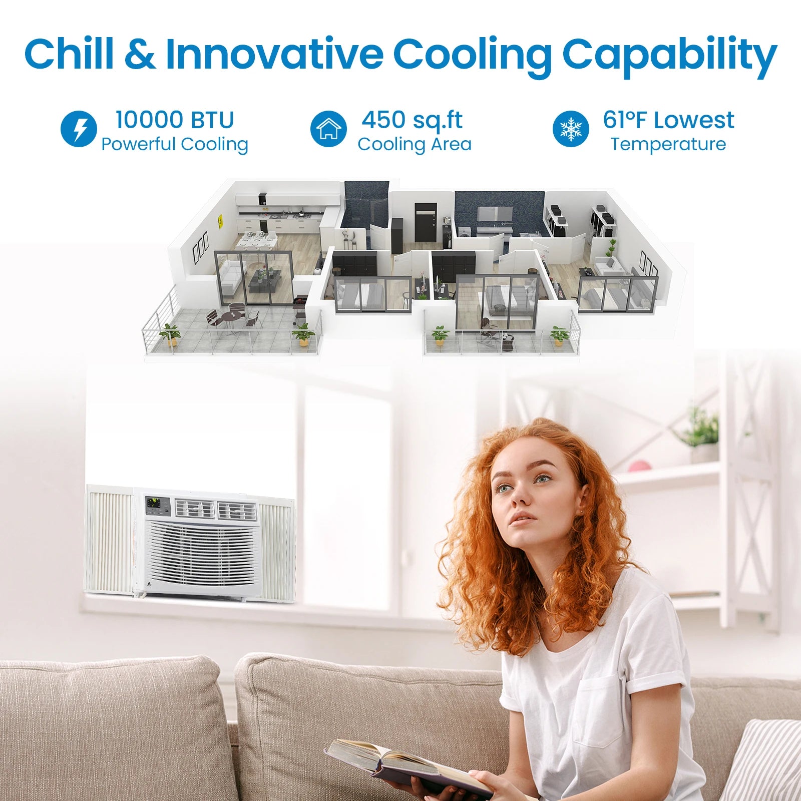 10,000 BTU Window Air Conditioner, Air Conditioners Window-Mounted Room Fast Cooling for 450 Sq.Ft. Indoor Window AC Unit for Summer, Auto-Restart, 3 Cooling & Fan Speeds, Remote/App Control