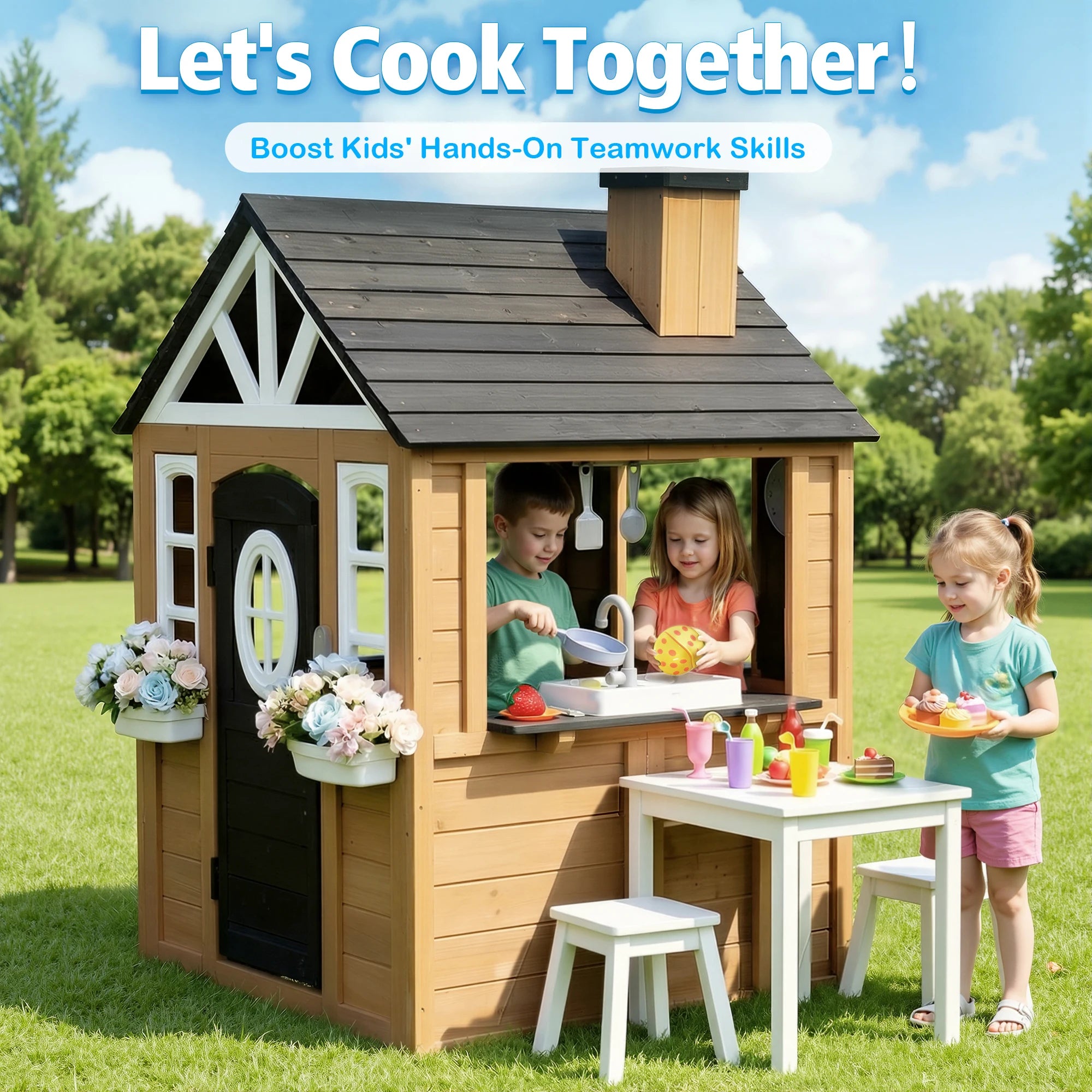 Kids Wooden Playhouse Outdoor Indoor Pretend Play Cottage with Kitchen Sink, Doorbell, Doodle Board, Clock, Flower Pot, Dog Hole Curtain, Kitchenware Accessories, Backyard Kids Role Play Game House Toy for Boys Girls