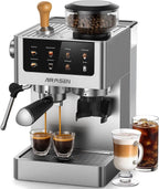20 Bar Espresso Machine with Burr Grinder & Milk Frother, Stainless Steel, Home Coffee Maker for Cappuccino, Latte, Cold Brew, Americano