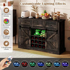 52 LED-lit Wine Bar Cabinet with Sliding Barn Door, 3 Drawers, Adjustable Shelves, 12-Bottle Rack & Glass Holder for Living Room