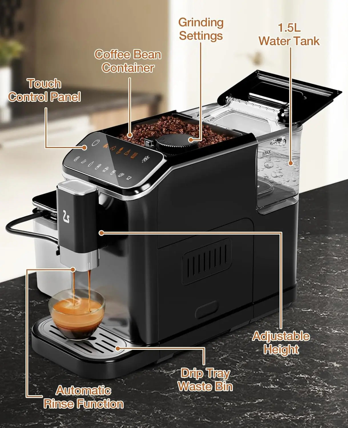 Fully Automatic Espresso Machine, Touchscreen Coffee Maker w/Built-in Grinder, Auto Milk Frother for Latte Cappuccino, 1.5L Water Tank & Dual Boiler Heating, Black/Silver 120V 1350W