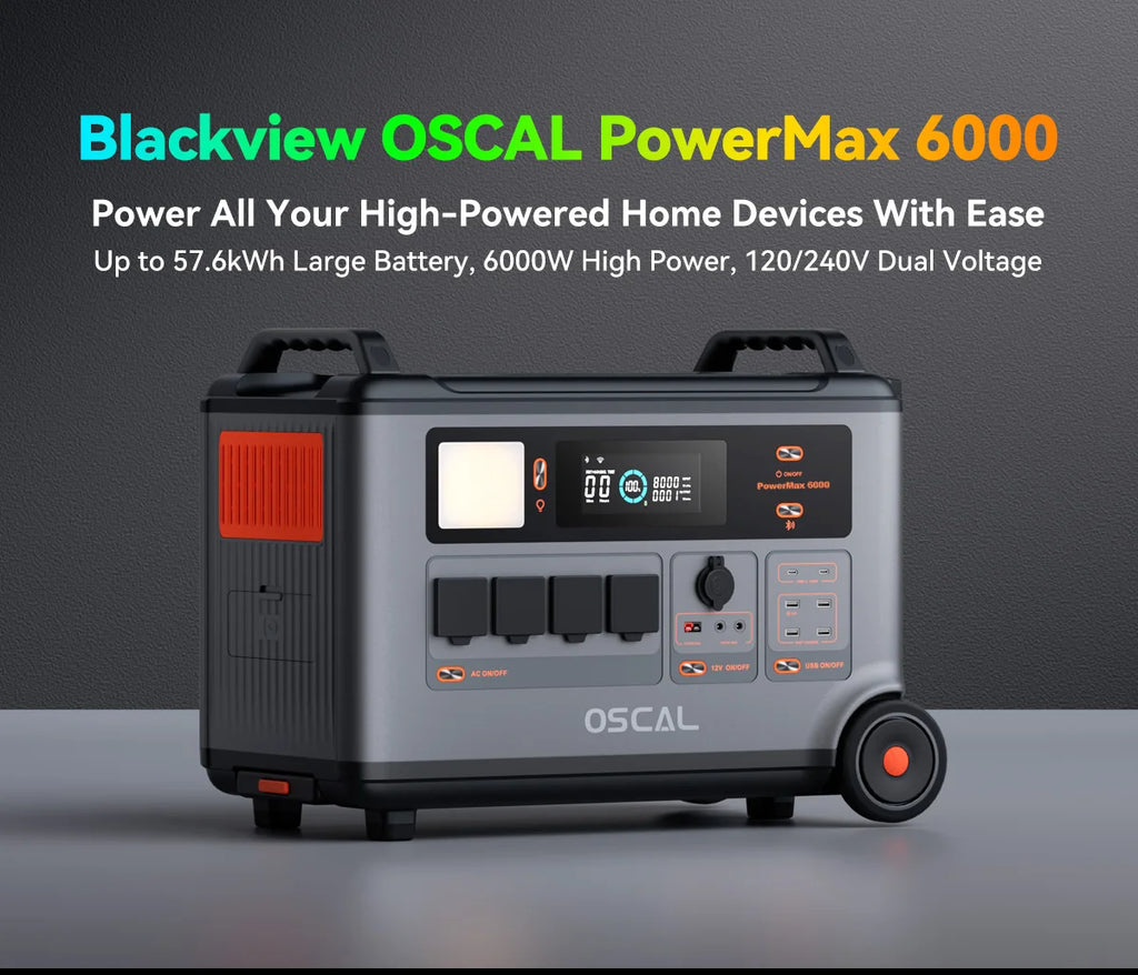 OSCAL PowerMax 6000 watt generator Whole Home Solar Generator, 3600Wh LiFePO4 | 6000W (9000W Surge) | 1.96 H Charge | DC/AC Bi-Directional Inverter | for Home Emergency, Outdoor Camping，Hurricane Backup