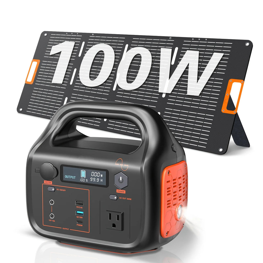 300W/294Wh Portable Power Station with Foldable Solar Panel (100W), 294Wh Solar Generator & 100W Solar Panel, Suitable for Famil
