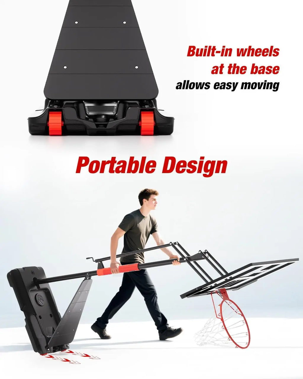 Outdoor Adjustable Basketball Hoop, 45 Inch Backboard, Black & Red, 10FT Height Portable System for Backyard & Driveway Play