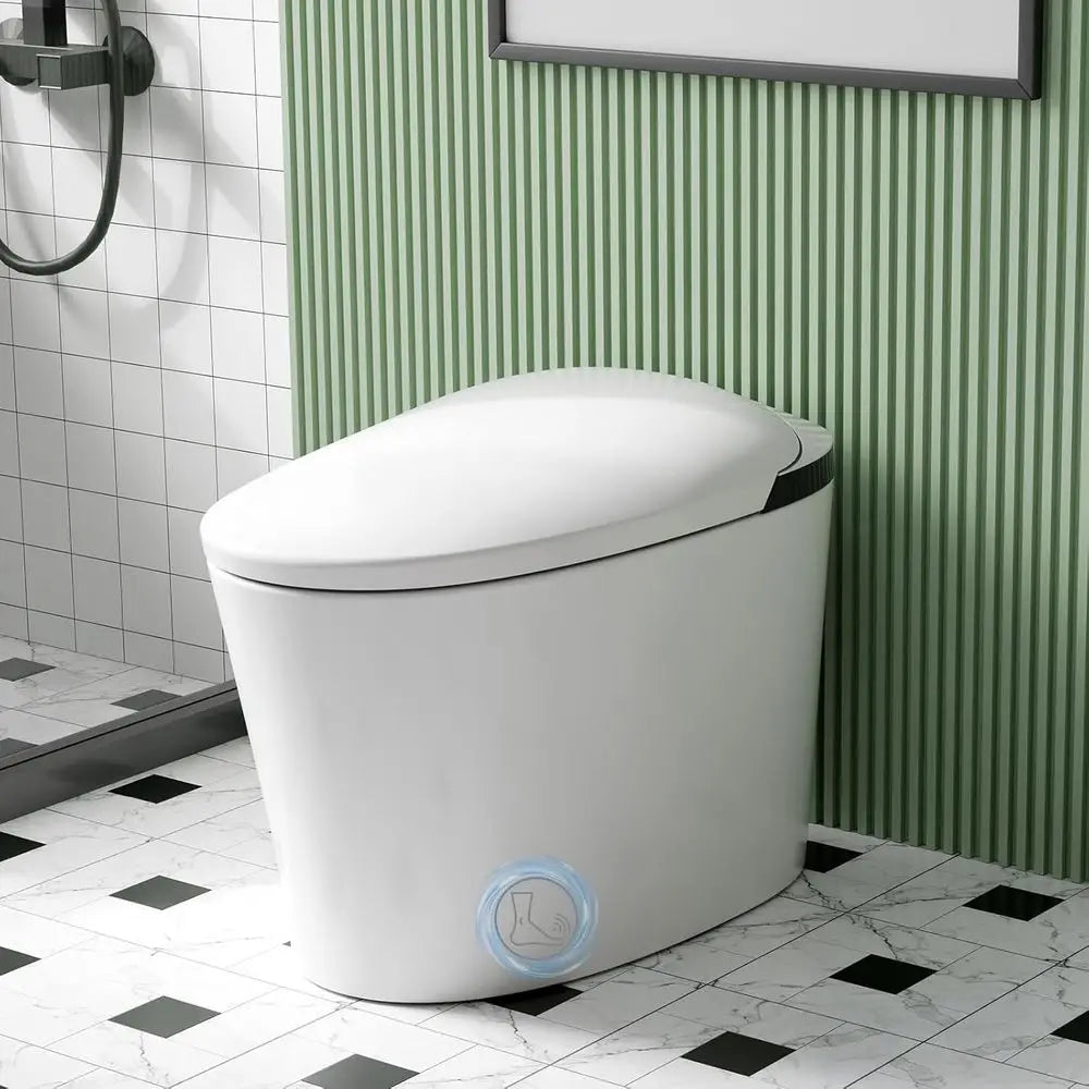 Smart Integrated Toilet with Bidet Function, Heated Seat, Remote Control, Foot & Side Button Flush, Arc-Shape Spray Wand (4 Clea