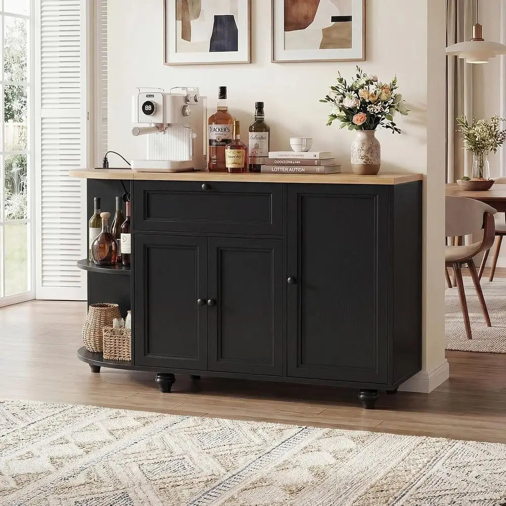 55 Coffee Bar with Outlet, Wine Rack Cabinet, Home Coffee Bar, Buffet Sideboard Storage for Kitchen, Dining, Living Rooms in Bla