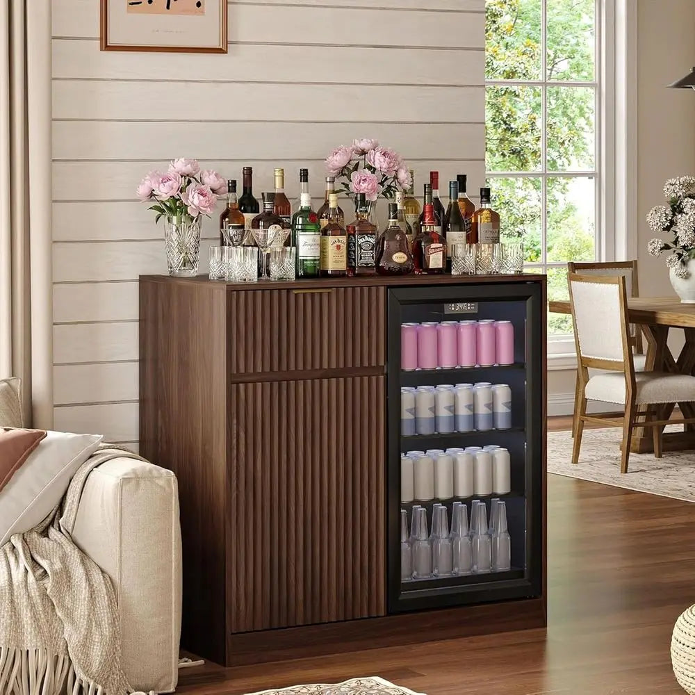 Compact Ridge Cabinet with Outlet, Coffee Bar Cabinet with Ridge and Wine Rack, Lattice Sideboard with Drawer and Adjustable She