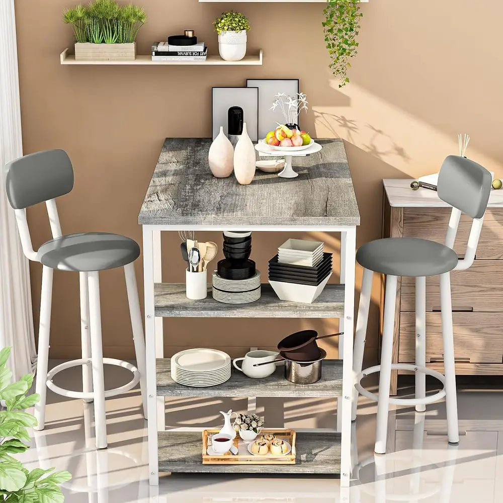Grey 2-Piece Counter Height Table Set with Storage and Stools for Kitchen or Dining Area