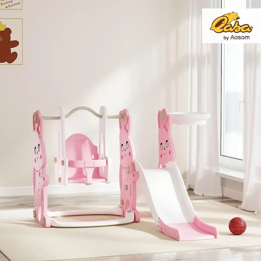 Toddler Slide and Swing Set for Ages 1.5-4, Rabbit-Themed Playset with Climber, Basket Hoop, Suitable for Indoor or Outdoor Use,
