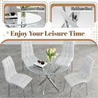 5-Piece Glass Dining Table Set, Round Kitchen Table Set or 4 with Silver Glass Table and 4 White aux Leather Upholstered Dining