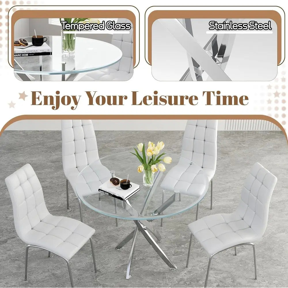 5-Piece Glass Dining Table Set, Round Kitchen Table Set or 4 with Silver Glass Table and 4 White aux Leather Upholstered Dining