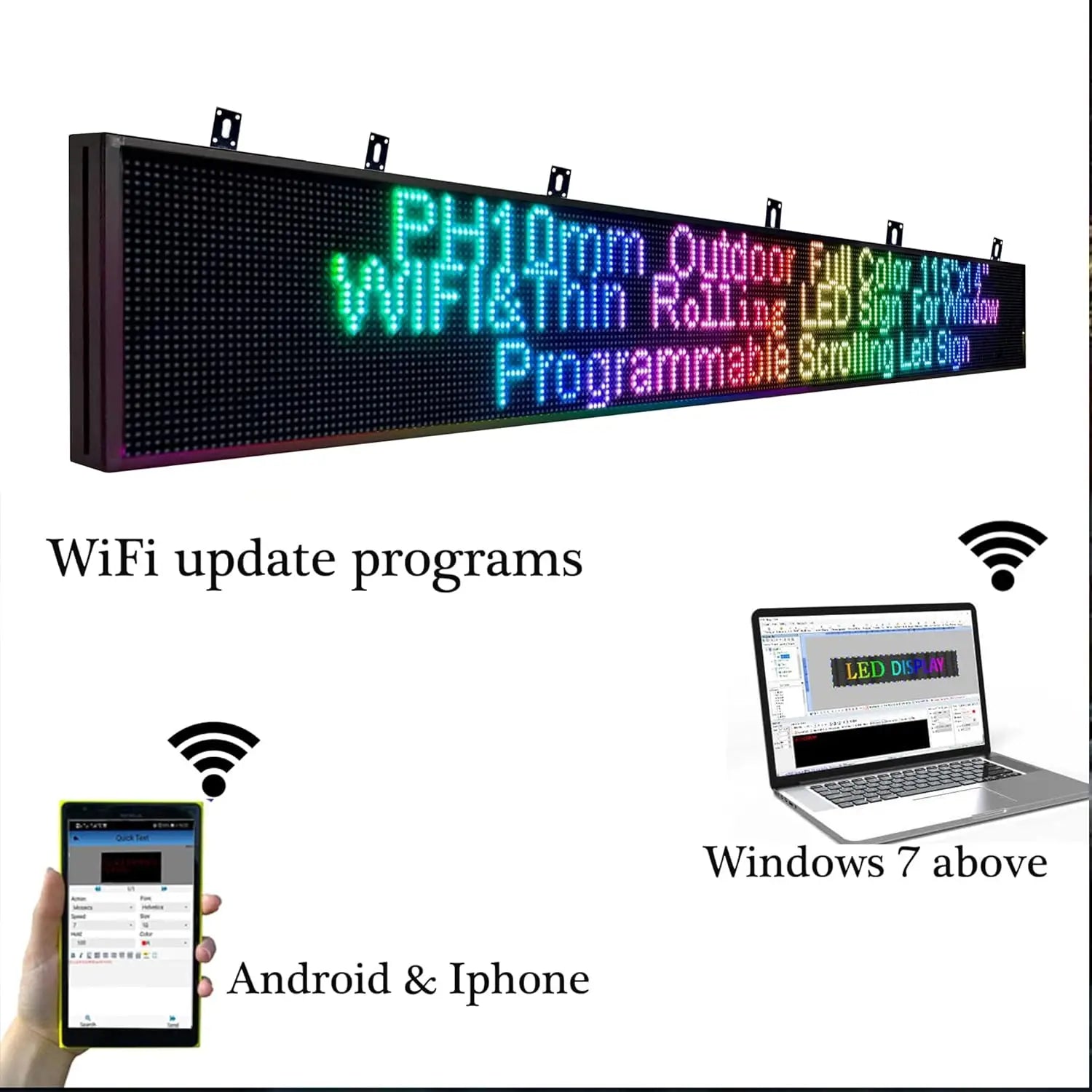 P10 Semi-Outdoor Programmable Scrolling LED Sign WiFi Control LED Digital Display Screen Message Board, RGB 115’’x14’’ Open Sign