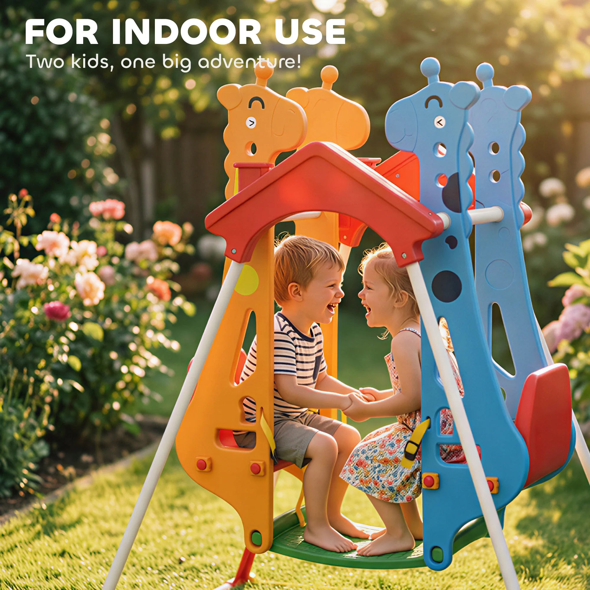 Face-to-Face Kids’ Swing, Stable A-Frame, 2-Seat, Indoor & Outdoor, Baby & Toddler Swing with Safety Belts, Giraffe Design