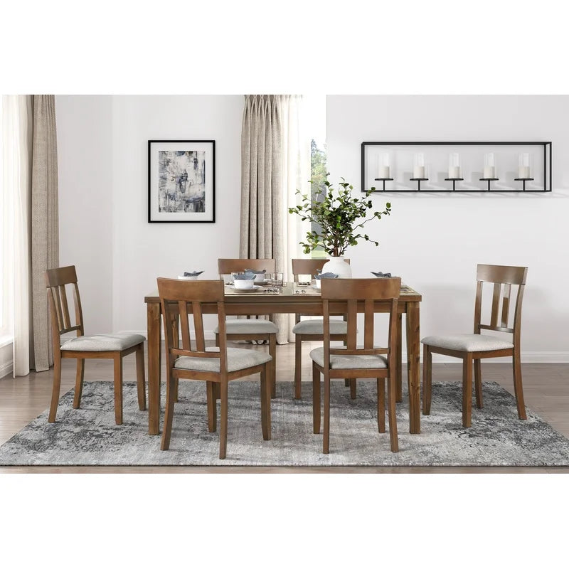 Cherry Finish 7-Piece Dining Set with Table and 6 Chairs, Textured Fabric Seats, Classic Wooden Design