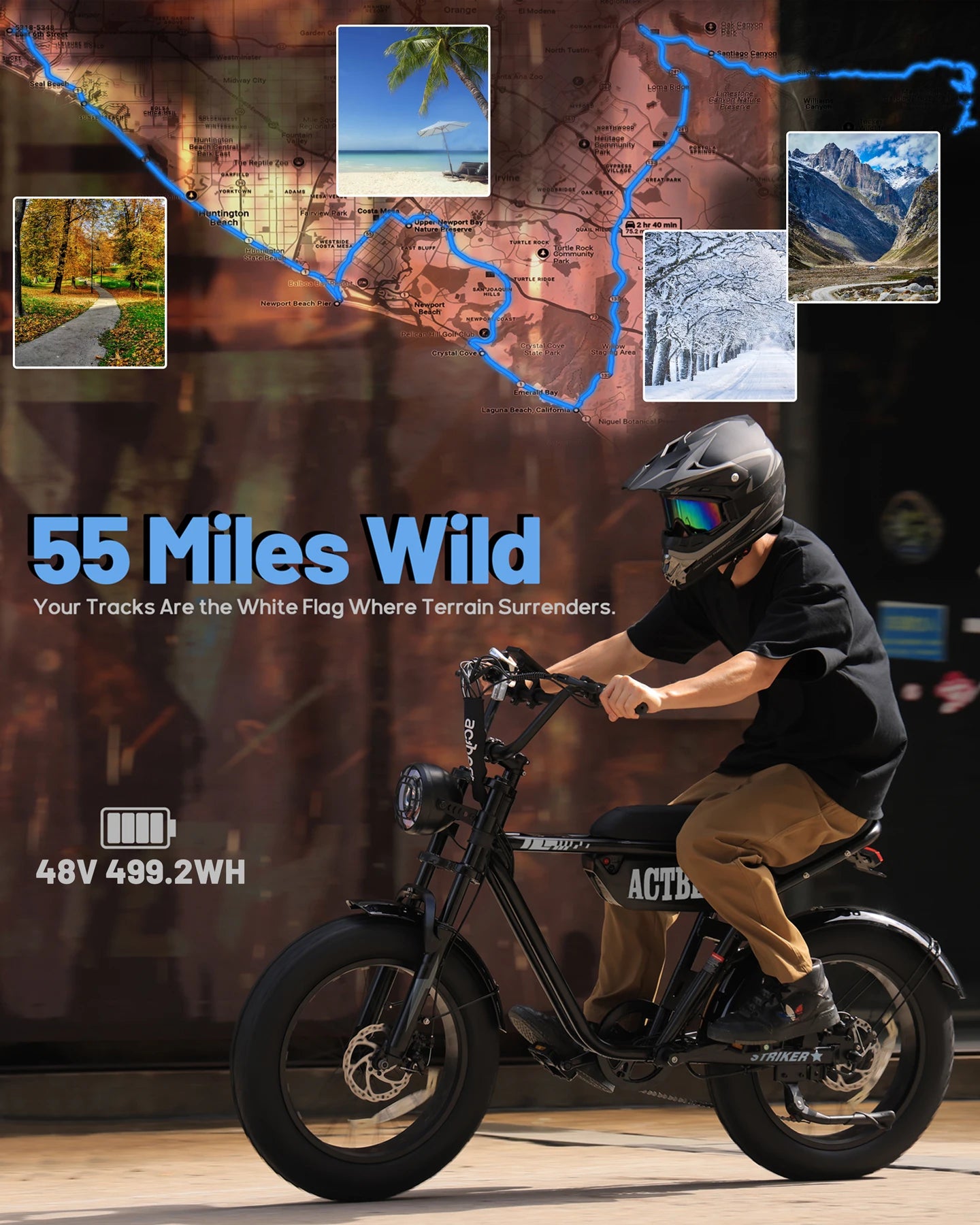 ActBest Blaze Electric BiNke, 16" Fat Tires Electric Mountain Bike, 1200W Peak Motor 48V 10.4Ah, 25 MPH 55Mi Range Off-Road Ebike with Full Suspension, with Free Bike Lock