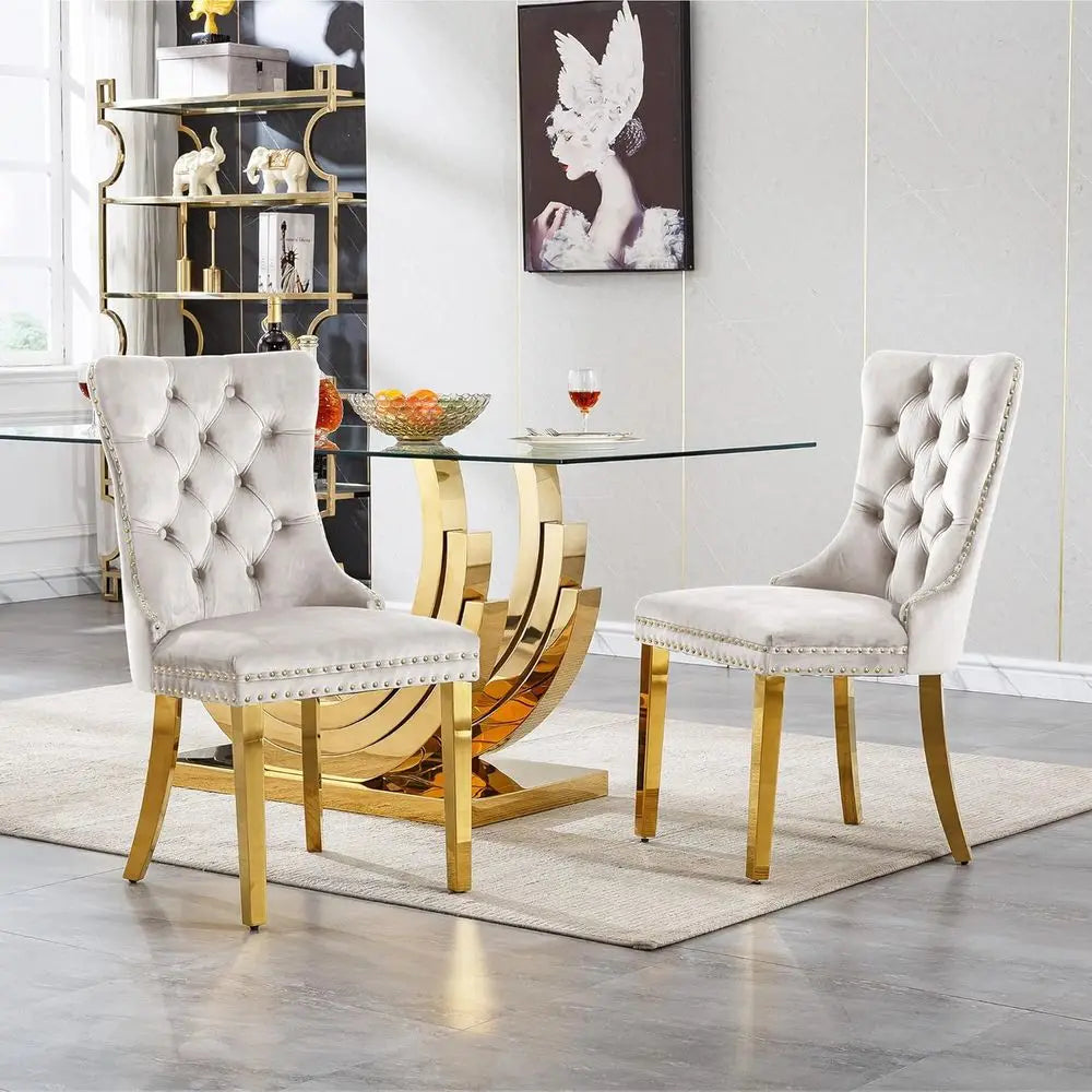 7-Piece Elegant Glass Dining Set with 70 Table and 6 Beige Chairs