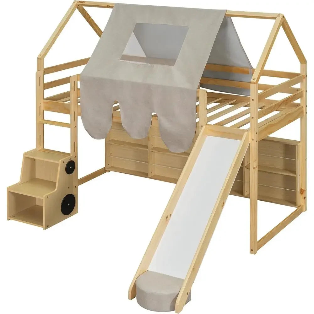 Twin Bed with Slide, Wooden House-Themed Play Loft, Ladder, Shelves, and Tent, Natural