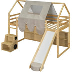 Twin Bed with Slide, Wooden House-Themed Play Loft, Ladder, Shelves, and Tent, Natural