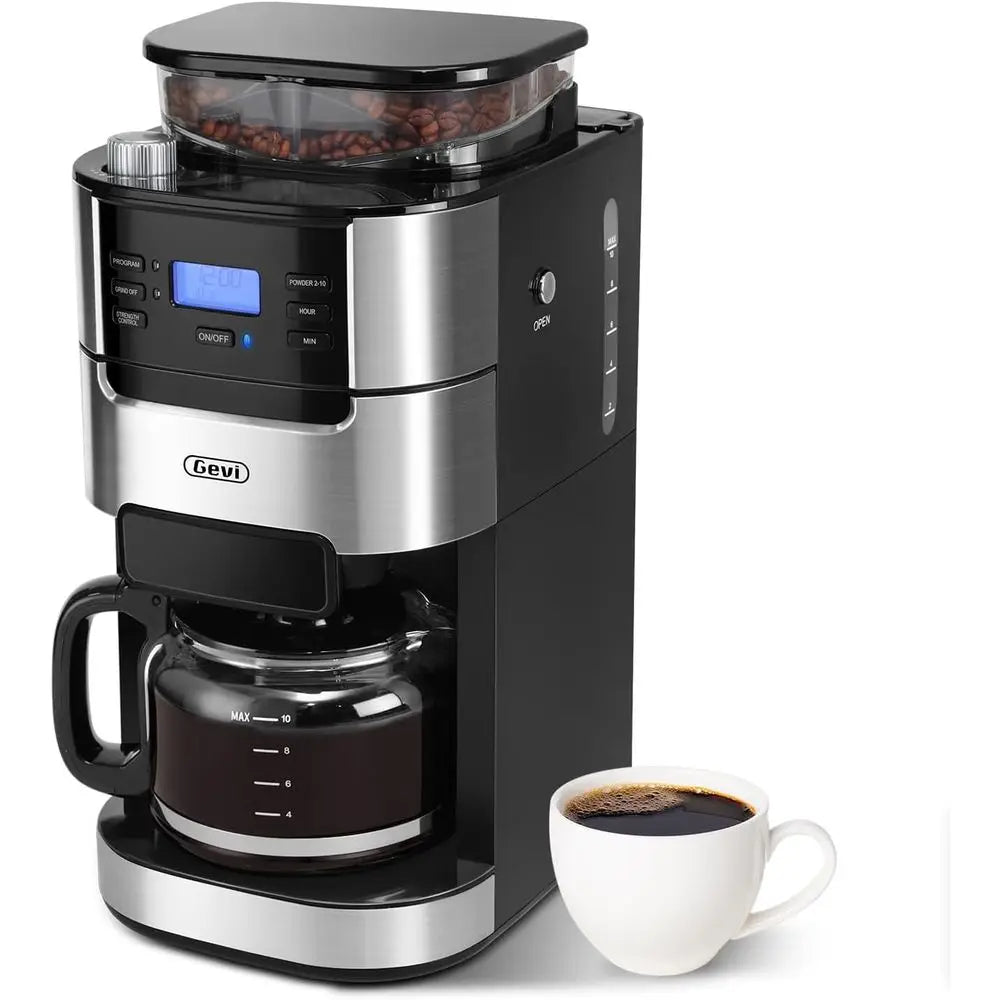 10-Cup Drip Coffee Maker with Built-in Burr Grinder & Programmable Timer, 1.5L Water Tank, Auto Keep-Warm, Reusable Filter - Fre