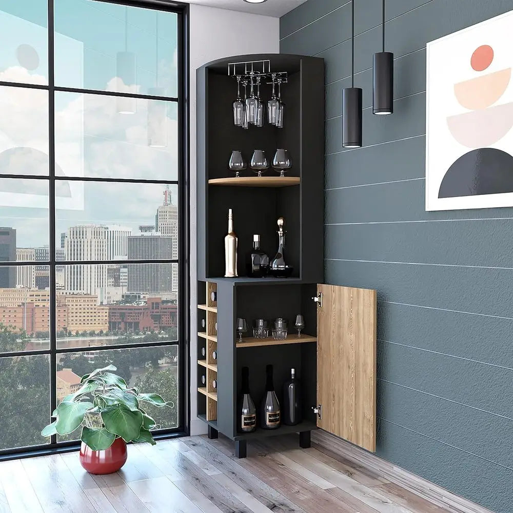 Black/Pine Wine Cabinet with Glass Rack, 10 Bottle Holders, 2 Open Shelves