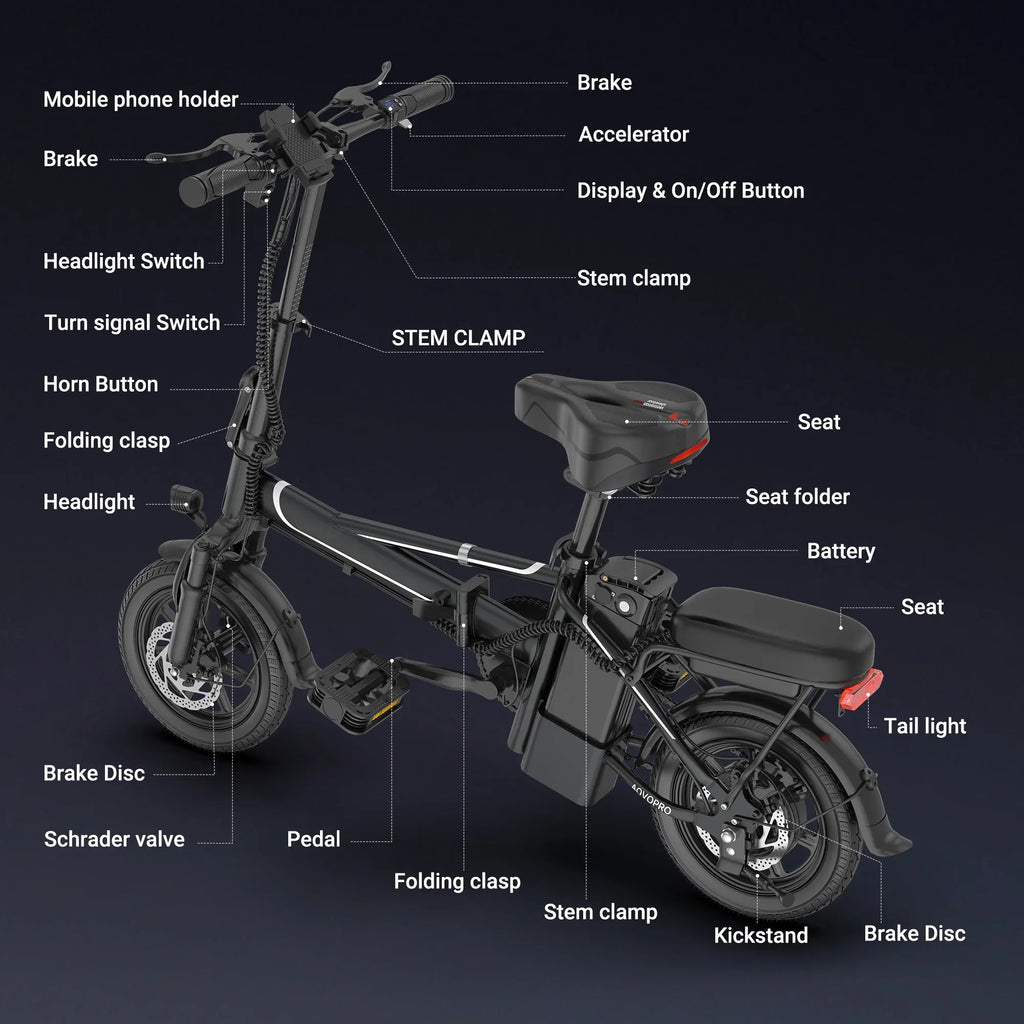 Black Foldable Ebike 500W 48V 10.4AH Electric Bicycle 22MPH Max Speed 28Miles Long Range with Two Seats for Adult