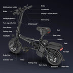 Black Foldable Ebike 500W 48V 10.4AH Electric Bicycle 22MPH Max Speed 28Miles Long Range with Two Seats for Adult
