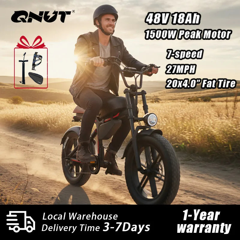 QNUT BK20 Adult Electric Bicycle 1500W 48V 18AH Battery 20" Fat Tire Electric Dirt Bike All-Terrain E-Bike off-road Mountain Bike E Bike