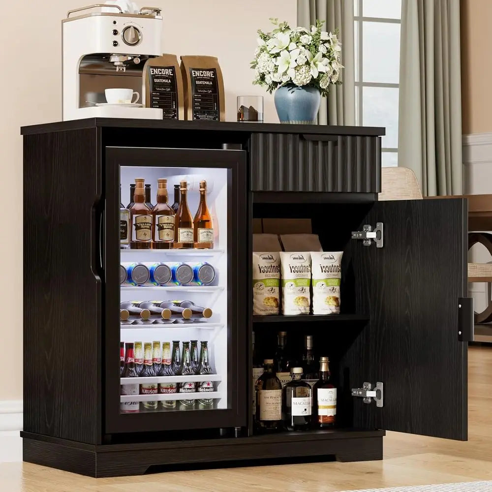 Ridge-Style Liquor and Wine Bar Cabinet with Refrigerator, Pull-Out Drawer & Storage, 31.5 for Home, Kitchen, Dining Room in Bla