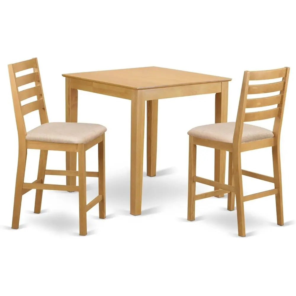 3-Piece Counter Height Pub Set with Square Table and 2 Linen Chairs, 36x36 Inch, Oak Finish
