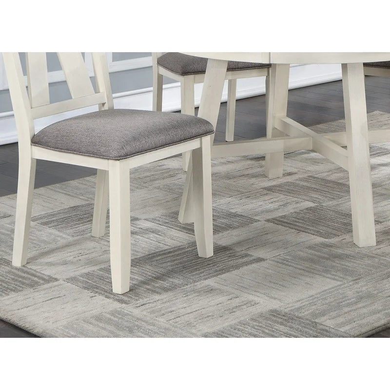 5pc Round Dining Set with Gray Fabric Cushion Chairs, White Wooden Table Top, Modern Minimalist Design