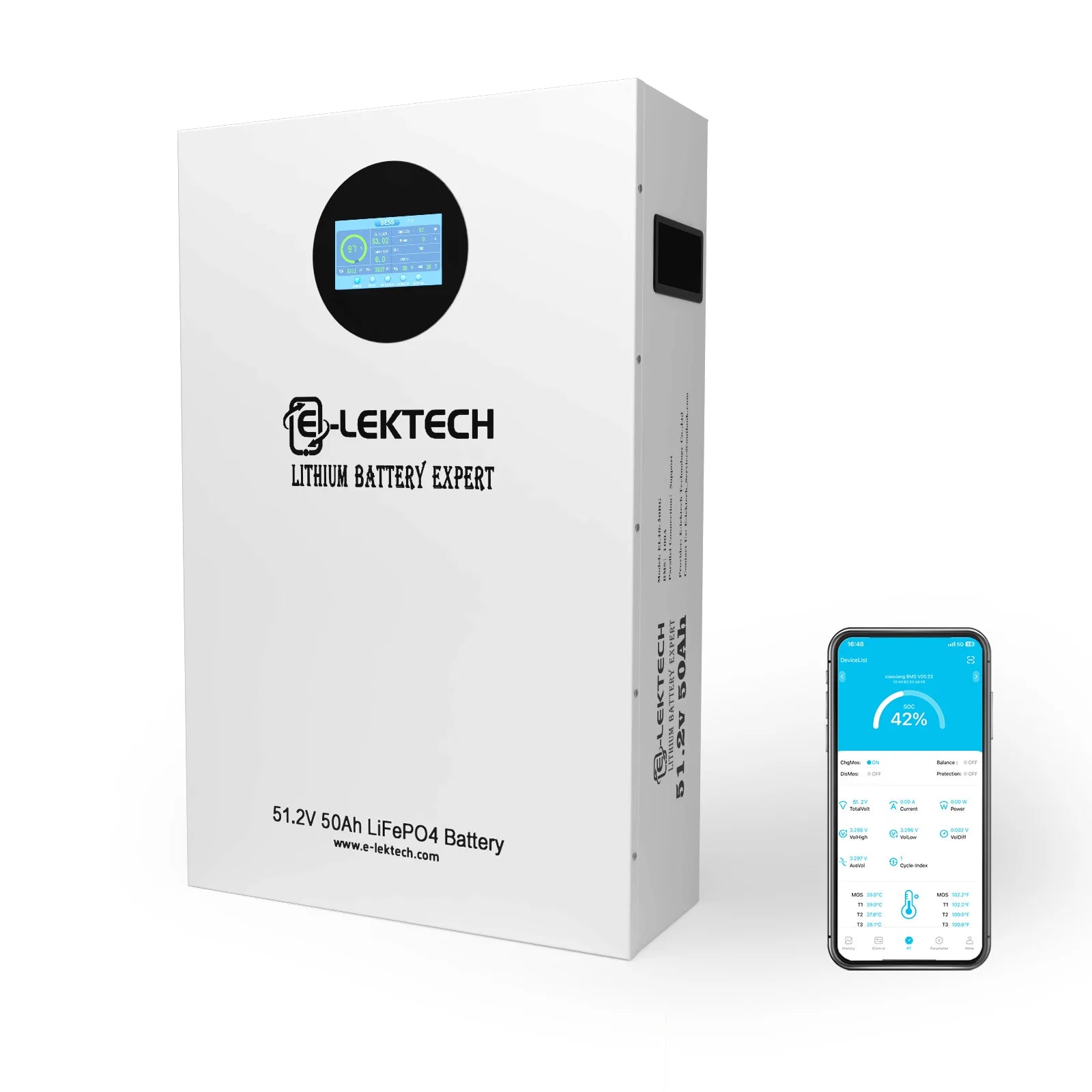 E-lektech 51.2V 100AH Wall-Mounted LiFePO4 Home Energy Storage Battery Smart APP Control Solar Power Storage System For Household Off-Grid Use