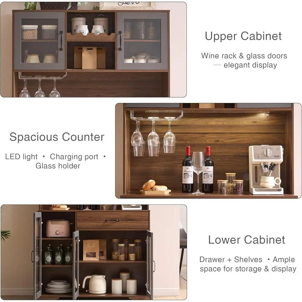71 Tall Pantry Cabinet with Glass Door, Kitchen Hutch Storage, Coffee Bar & Liquor Cabinet, Charging Station, LED Lights, Wine R