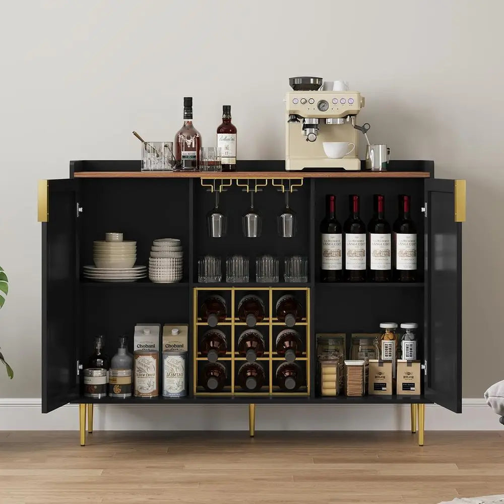 48 Wine Bar Cabinet with Luted Texture, Sideboard with Wine Rack and Glass Holder, Liquor Coffee Station with Storage for Kitche