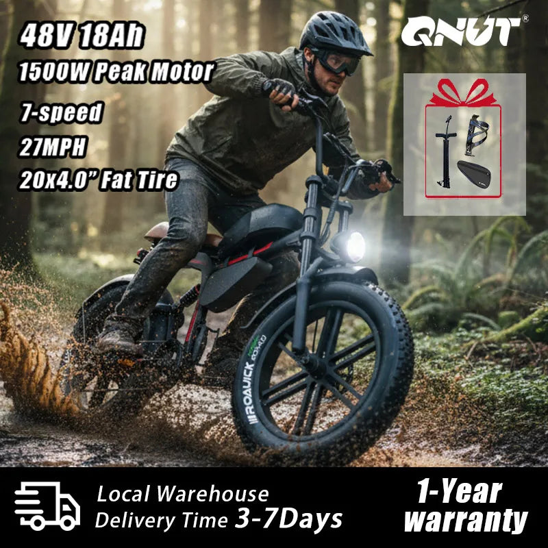 QNUT BK20 Adult Electric Bicycle 1500W 48V 18AH Battery 20" Fat Tire Electric Dirt Bike All-Terrain E-Bike off-road Mountain Bike E Bike