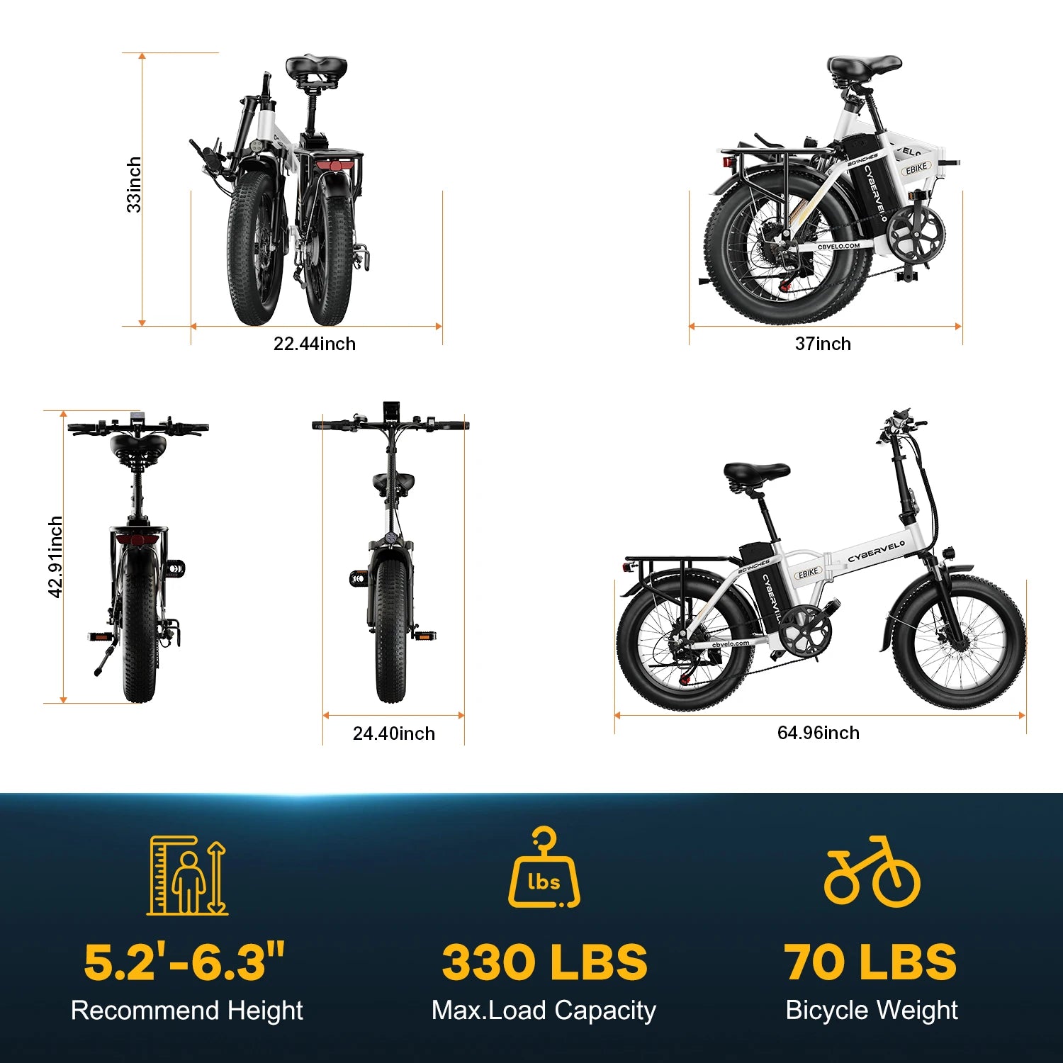 Cybervelo 1000W High-Speed Brushless Electric Bike 20 Inch Fat Tire Folding Design for Adults 48V Removable Battery up to 80 Miles Range Commuter E-Bicycle EK4