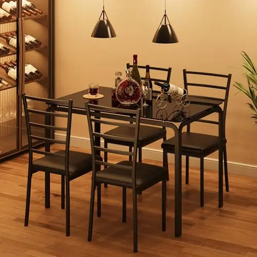 Modern Black Glass Dining Table With Four Matching Chairs, Compact Rectangle Set For Kitchen Or Breakfast Nook
