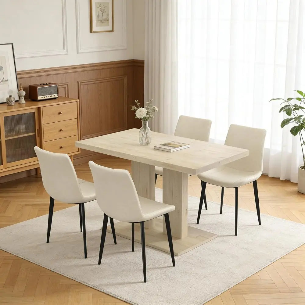 5-Piece Dining Set with 4 Upholstered Leather Chairs, 46 Pedestal Table, Modern Kitchen Furniture, Natural Finish