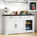 White 60-Inch Farmhouse Beverage Station Cabinet With Built-In Cooler, Three Drawers, And Glass-Front Wine Storage For Kitchen