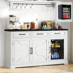 White 60-Inch Farmhouse Beverage Station Cabinet With Built-In Cooler, Three Drawers, And Glass-Front Wine Storage For Kitchen