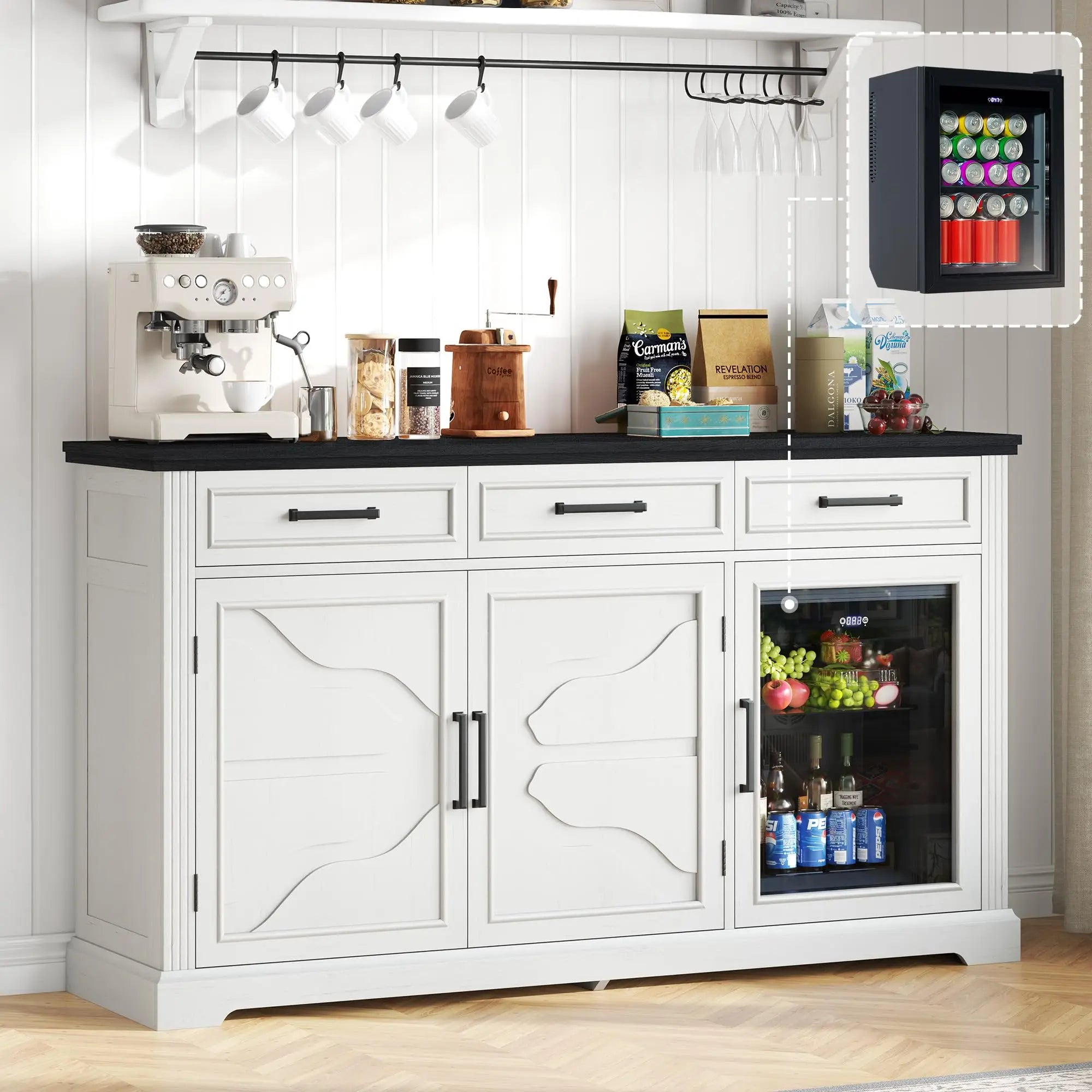 White 60-Inch Farmhouse Beverage Station Cabinet With Built-In Cooler, Three Drawers, And Glass-Front Wine Storage For Kitchen