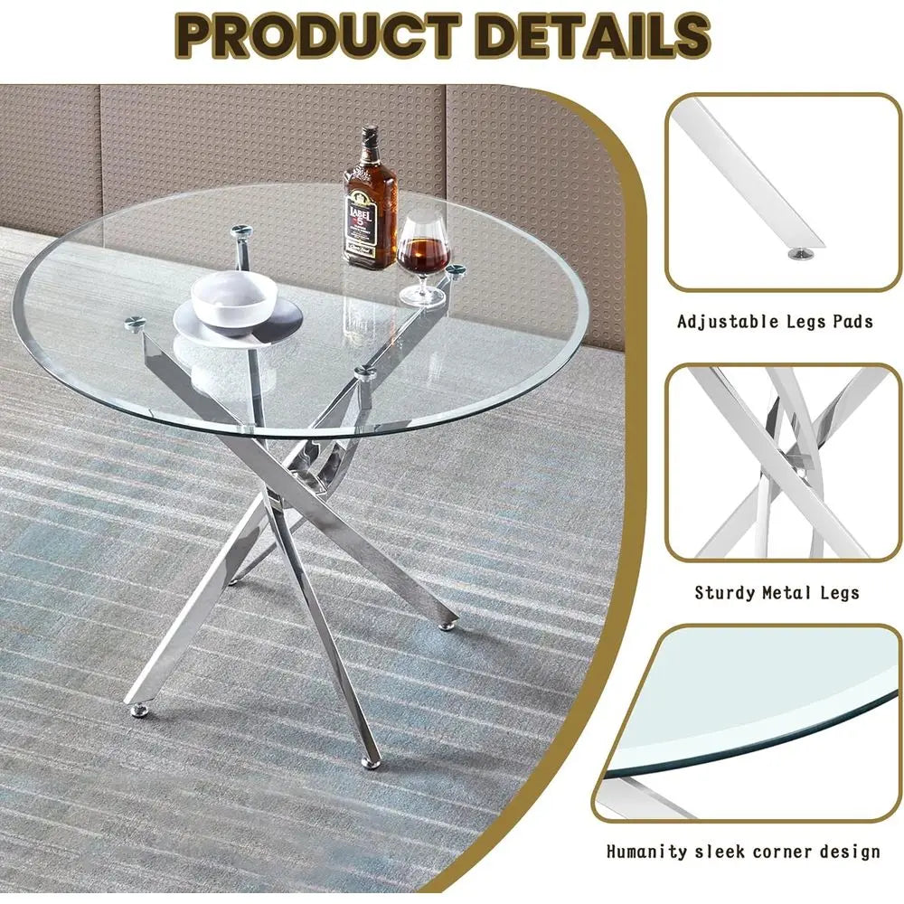 5-Piece Glass Dining Table Set, Round Kitchen Table Set or 4 with Silver Glass Table and 4 White aux Leather Upholstered Dining