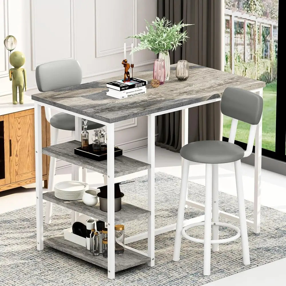 Grey 2-Piece Counter Height Table Set with Storage and Stools for Kitchen or Dining Area