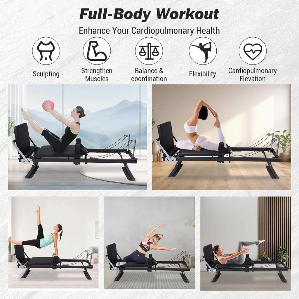 Foldable Reformer Pilates Machine with Adjustable Reformer Heights, Pilates Equipment with Piano Wire Spings and Jump Boards