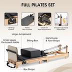 Pilates Reformer, PAETA 92" Wooden Pilates Reformer Machine with Springs, Pilates Machines for Home Use and Studio, Pilates Equipment with Sitting Box, Jump Board and Accessories
