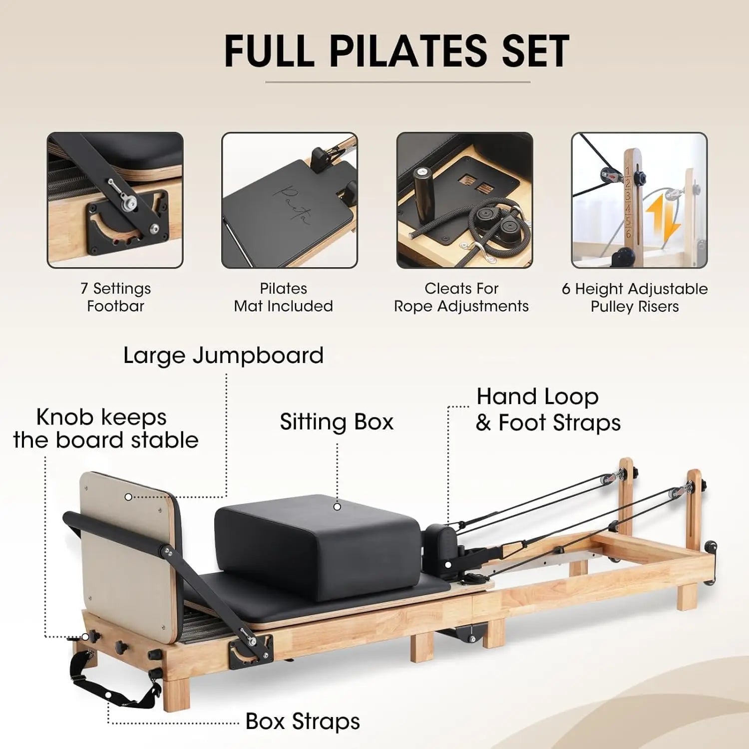 Pilates Reformer, PAETA 92" Wooden Pilates Reformer Machine with Springs, Pilates Machines for Home Use and Studio, Pilates Equipment with Sitting Box, Jump Board and Accessories