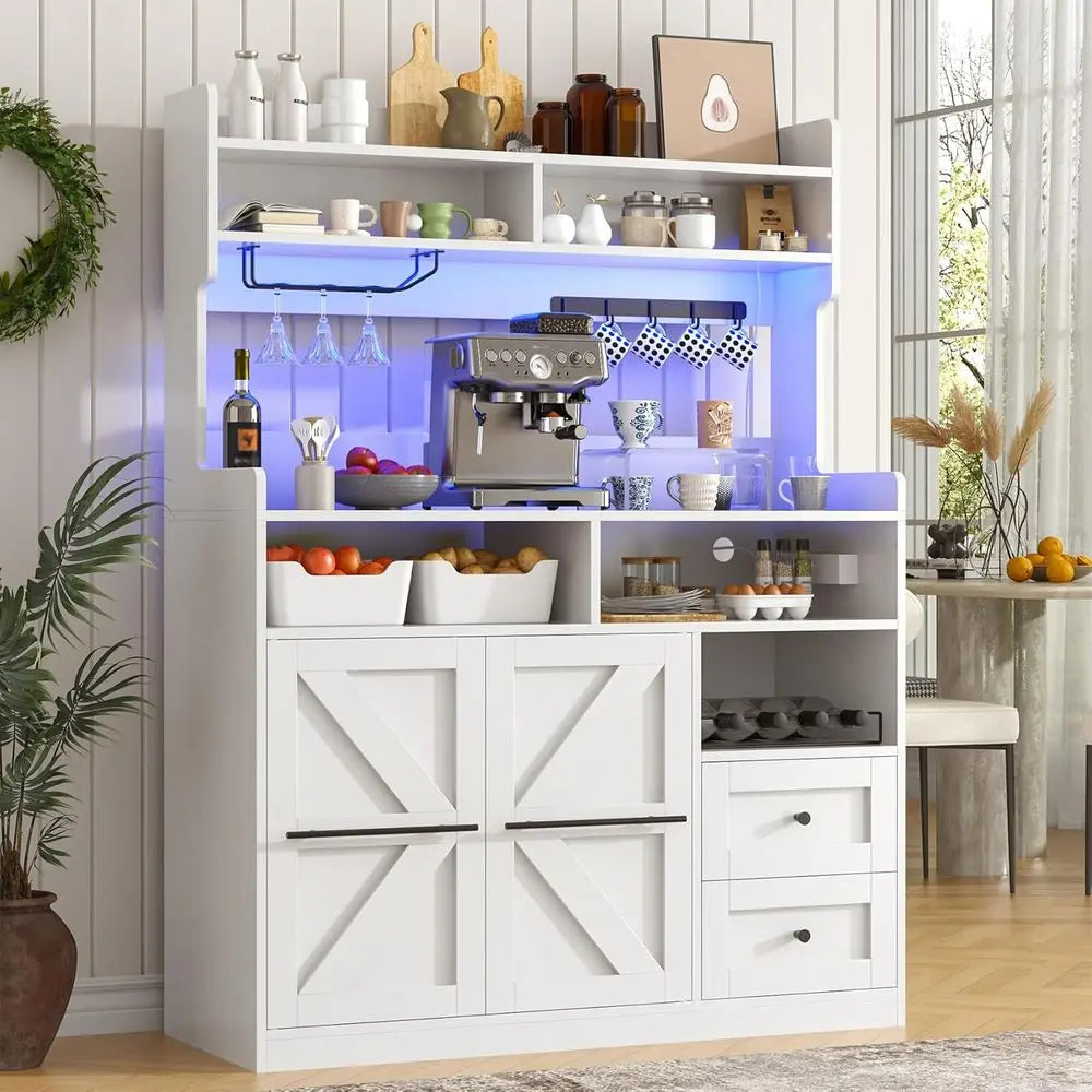 Storage Cabinet with Drawers, Charging Station, Coffee Bar, Wine Rack, White Wood Sideboard for Dining Room, 54.5 High