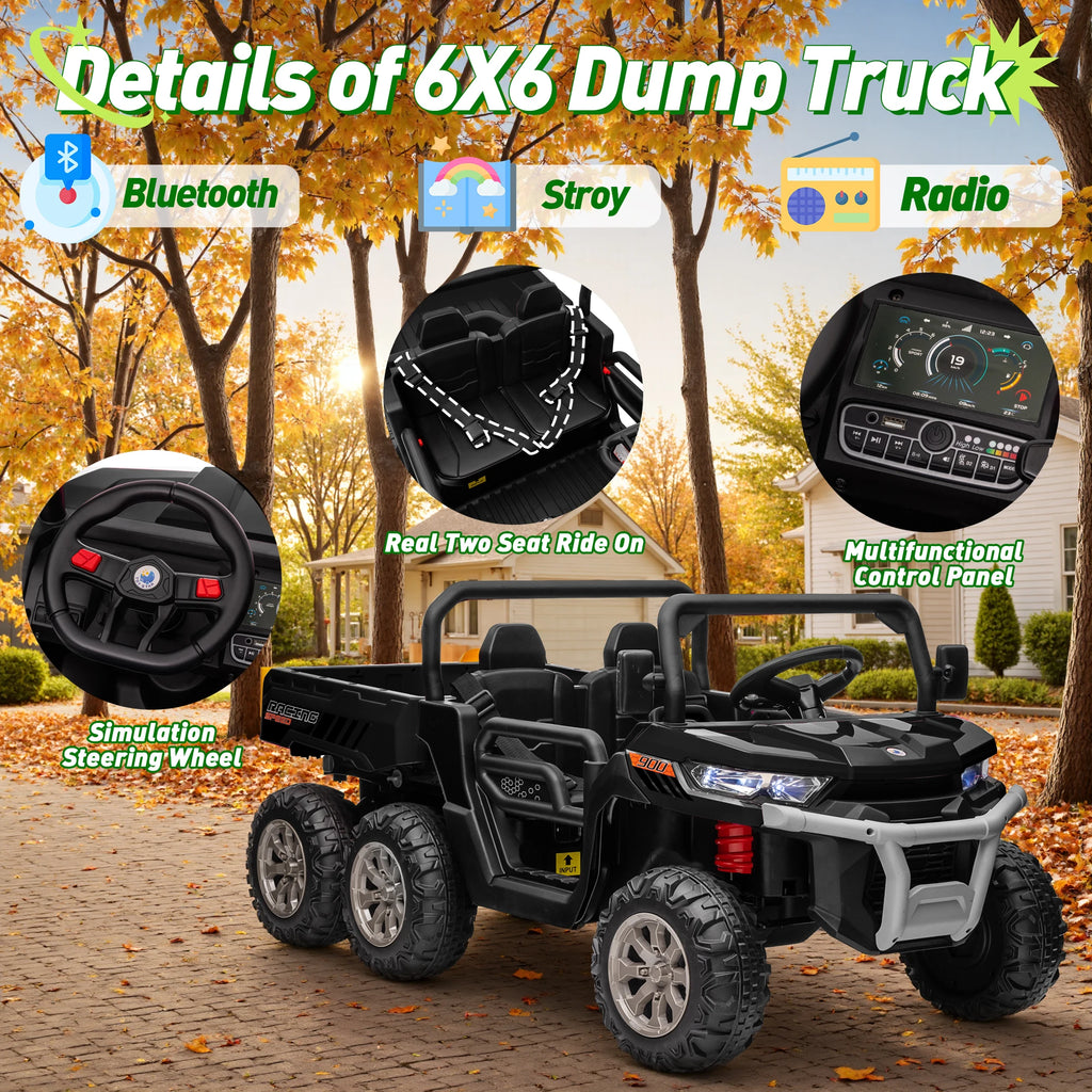 4x4 24V Ride on Dump Truck with Remote Control, 2 Seater Electric Powered Ride on Toys, 6-Wheel UTV Car w/ Tipping Bucket Trailer, Shovel, Suspension, Bluetooth Music,