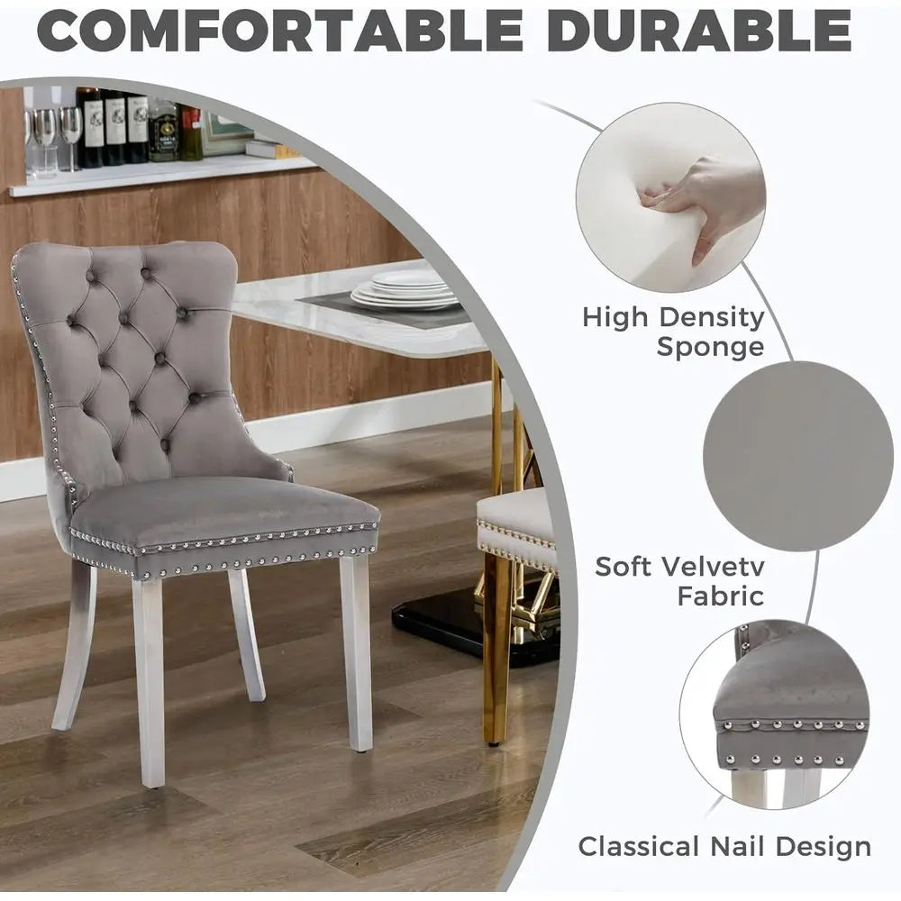 47.2 Inch Silver Round Dining Table with 4 Velvet Chairs - Modern 5-Piece Set