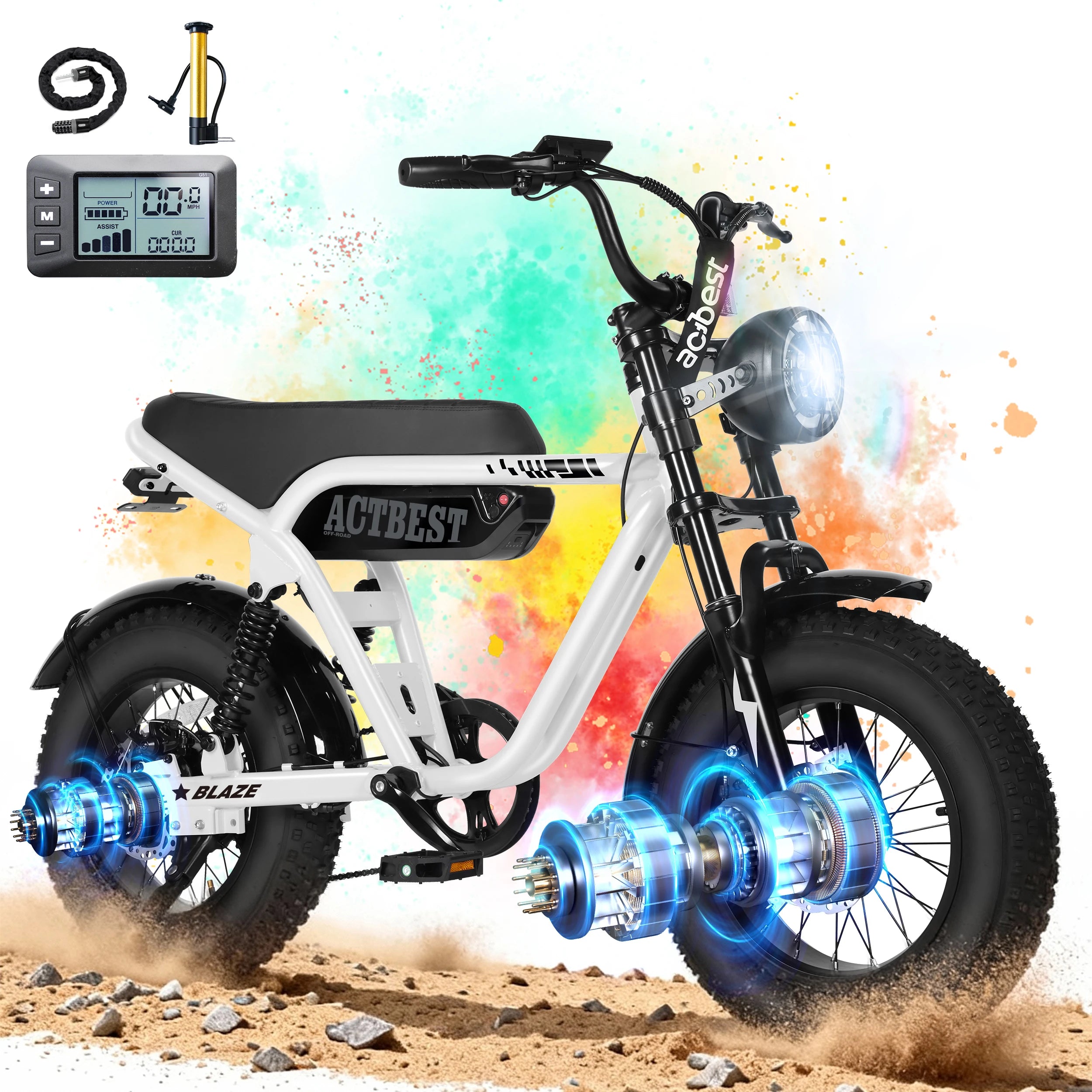ActBest Blaze Electric BiNke, 16" Fat Tires Electric Mountain Bike, 1200W Peak Motor 48V 10.4Ah, 25 MPH 55Mi Range Off-Road Ebike with Full Suspension, with Free Bike Lock